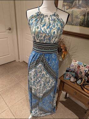 London Times Blue & White Paisley Halter Maxi Dress